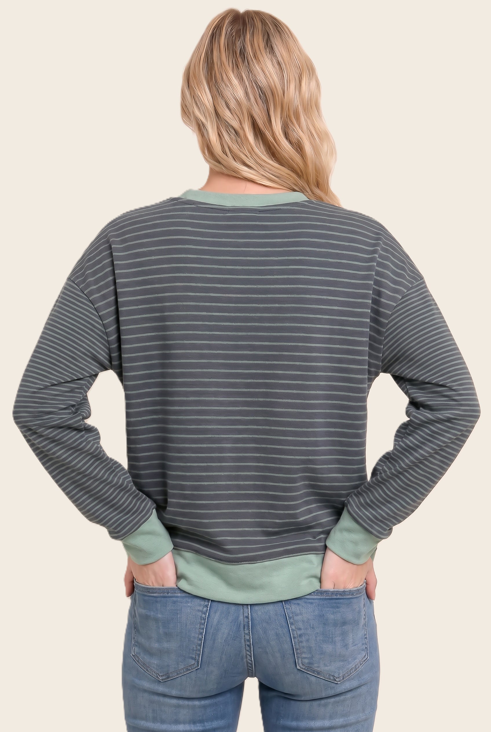 Color accent micro brushed stripe sweater in sage - front view