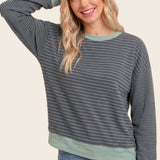 Color accent micro brushed stripe sweater in sage - back view