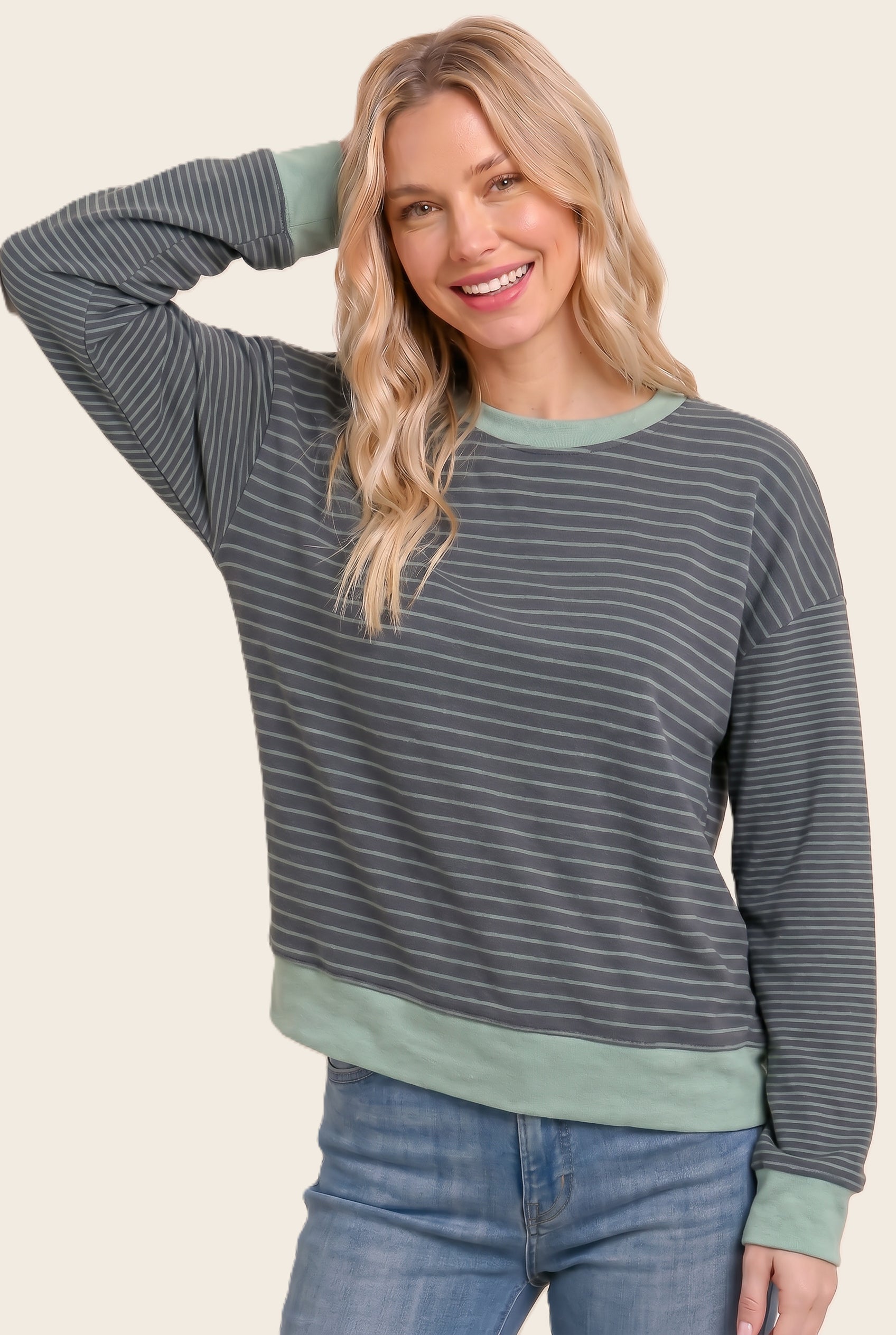 Color accent micro brushed stripe sweater in sage - back view