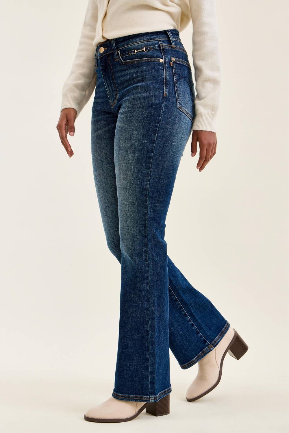 Judy Blue Daisy bootcut jeans side view showing the flare from the knee