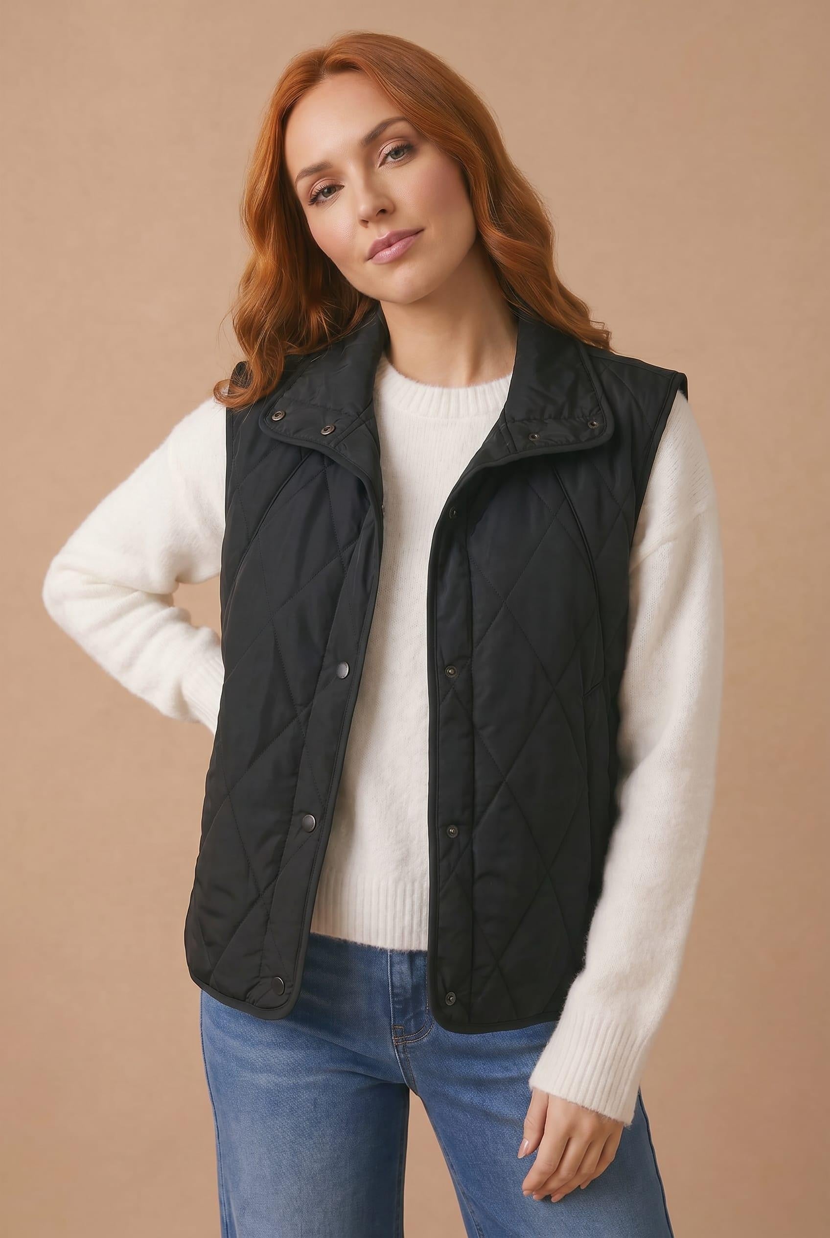 High Neck Snap Button Quilted Puffer Vest in Black - styled front view