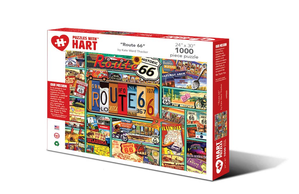 Route 66 1,000-piece jigsaw puzzle box showing Route 66 signs, license plates, postcards and roadside Americana
