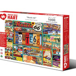 Route 66 1,000-piece jigsaw puzzle box showing Route 66 signs, license plates, postcards and roadside Americana