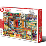 Route 66 1,000-piece jigsaw puzzle box showing Route 66 signs, license plates, postcards and roadside Americana