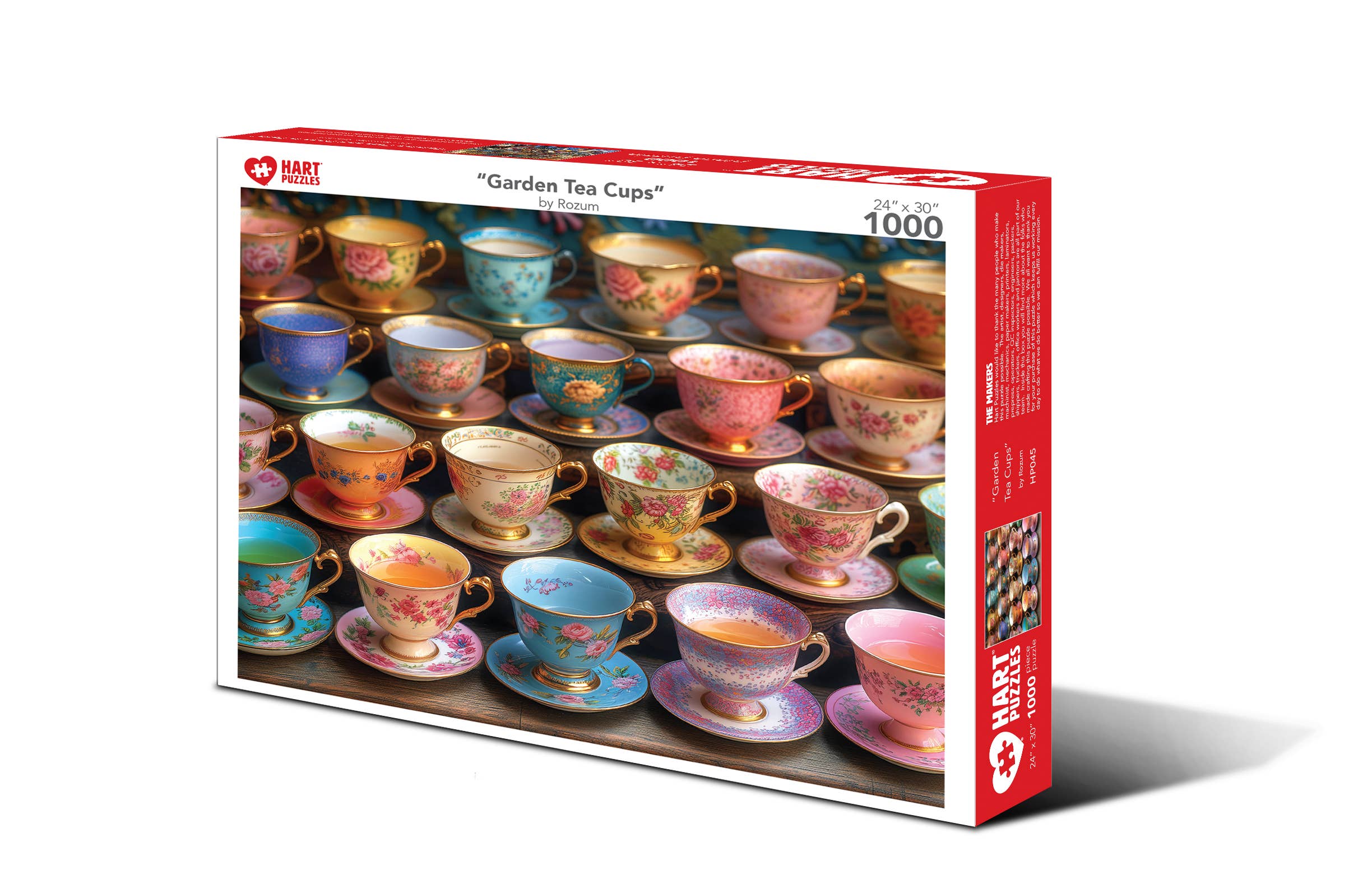 Garden Tea Cups 1,000-piece jigsaw puzzle box showing rows of floral hand-painted porcelain tea cups with gold rims