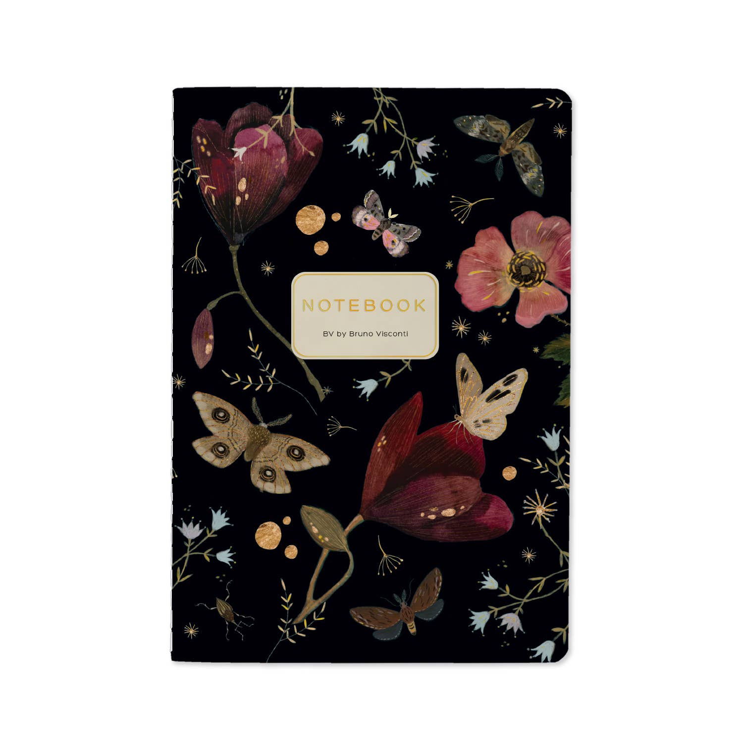 A5 soft-touch notebook with a dark floral and butterfly cover design, front cover