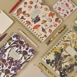 Spiral-bound art journal with a painted iris cover, interior pages