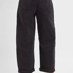 Side view of high rise cropped cargo jeans in black denim