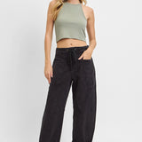 High rise cropped barrel leg cargo jeans in black denim, front view