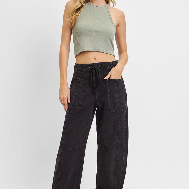 High rise cropped barrel leg cargo jeans in black denim, front view