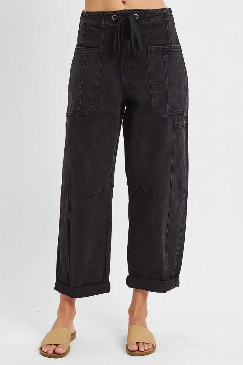 Black cargo jeans back view showing high rise waist and pocket placement
