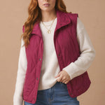 High Neck Snap Button Quilted Puffer Vest in Burgundy - styled with jeans