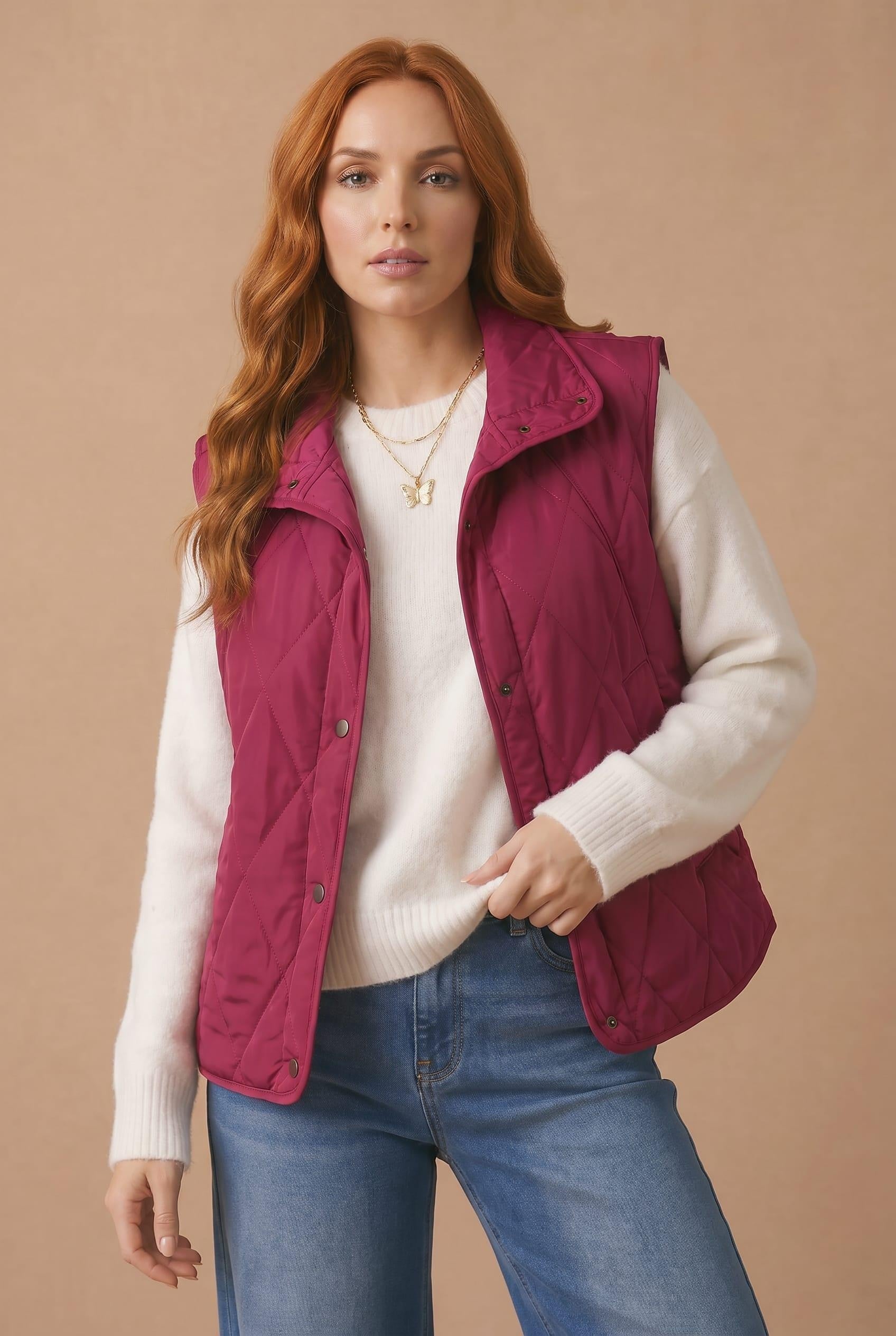 High Neck Snap Button Quilted Puffer Vest in Burgundy - styled with jeans