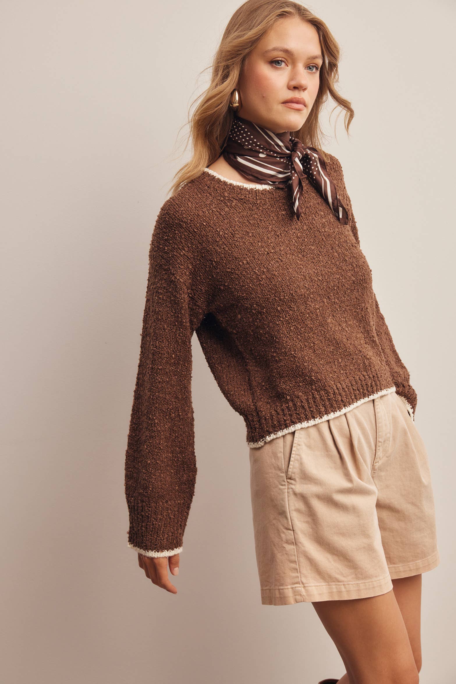 Contrast Trim Bouclé Sweater in Mocha – 9