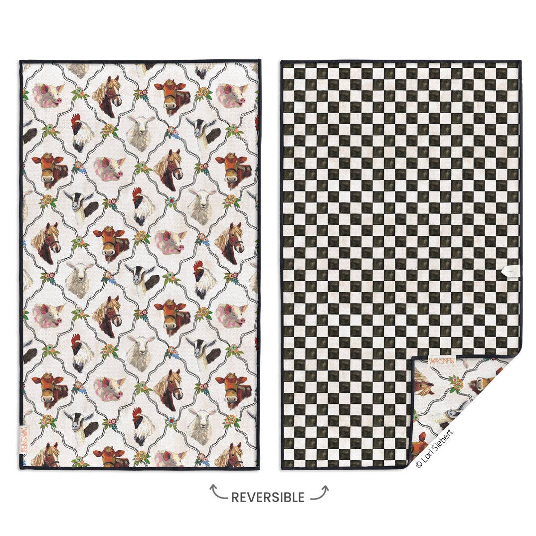At The Farm farm animal and checkerboard reversible microfiber kitchen towel