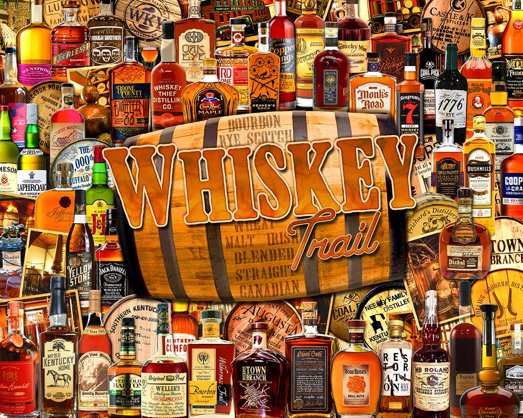 Completed Whiskey Trail 1,000-piece jigsaw puzzle: a collage of whiskey, bourbon and scotch bottles around a wooden barrel
