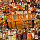 Completed Whiskey Trail 1,000-piece jigsaw puzzle: a collage of whiskey, bourbon and scotch bottles around a wooden barrel