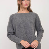 Solid Crewneck Front Seam Knit Sweater in Dark Grey - front view styled