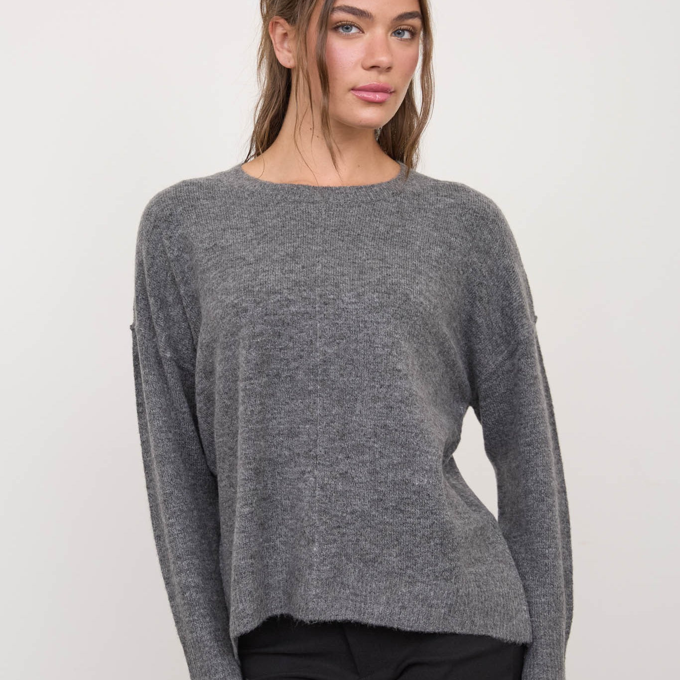 Solid Crewneck Front Seam Knit Sweater in Dark Grey - front view