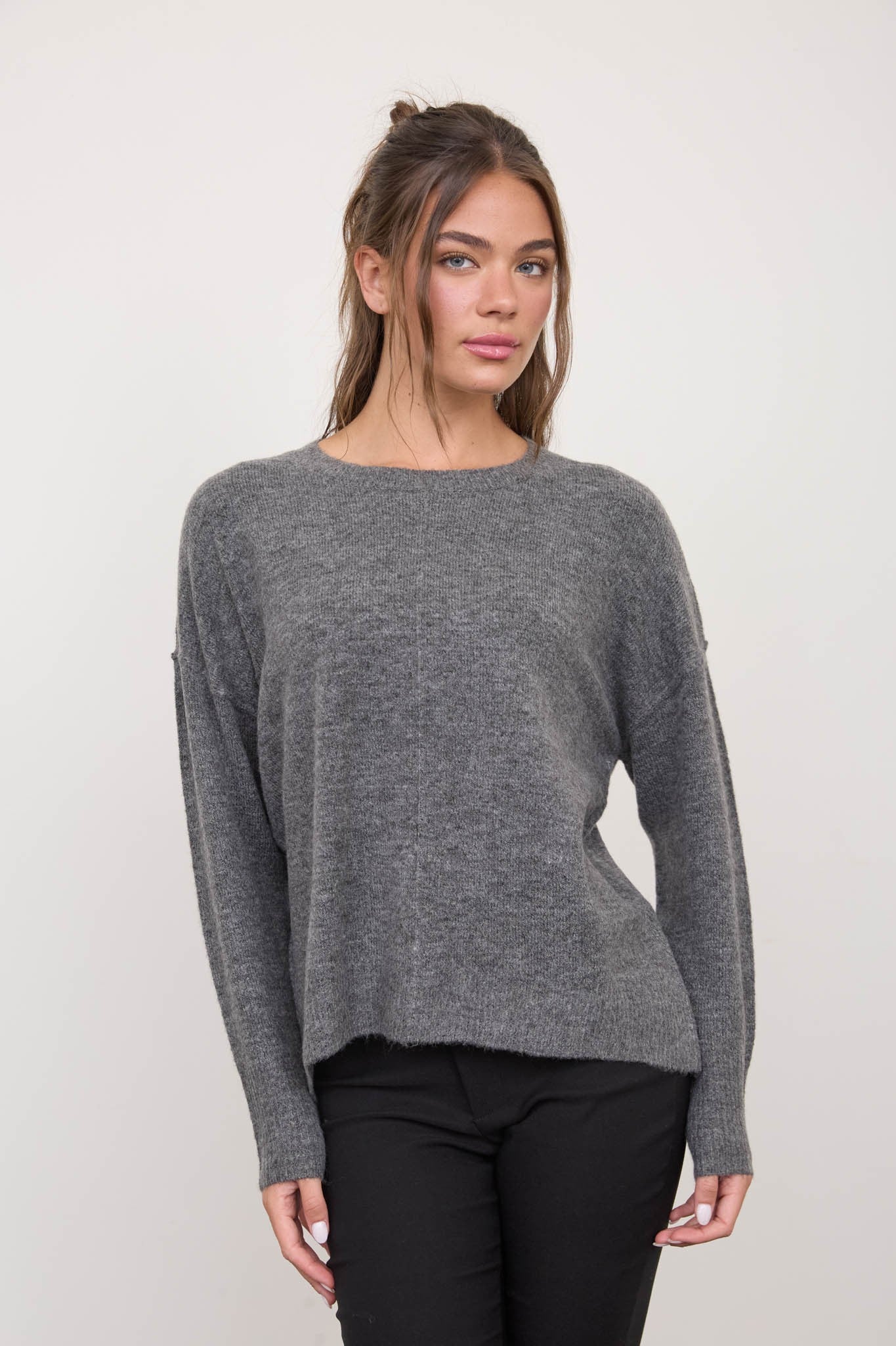 Solid Crewneck Front Seam Knit Sweater in Dark Grey - front view