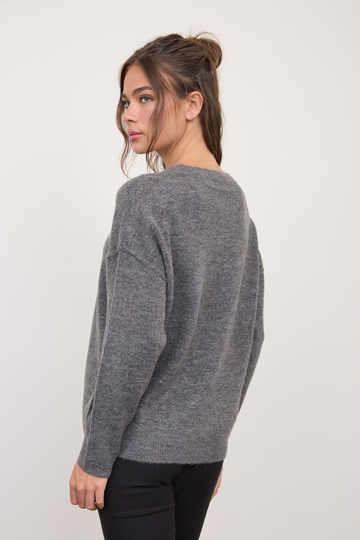 Solid Crewneck Front Seam Knit Sweater in Dark Grey - side view