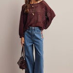 Open-Knit Stripe Sweater Top in Burgundy – 10