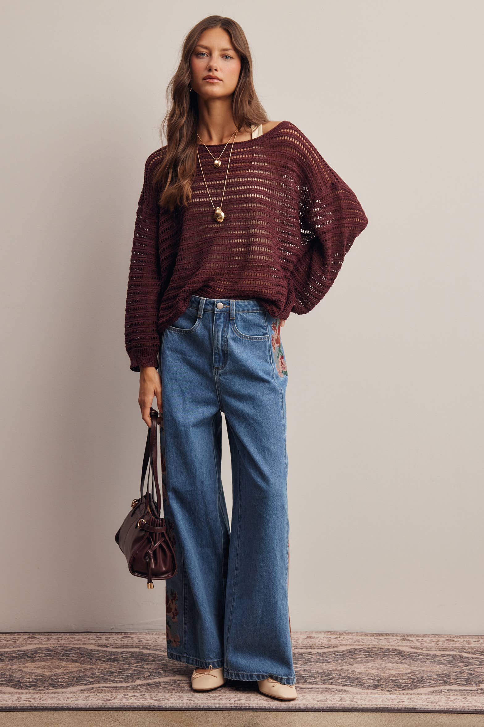Open-Knit Stripe Sweater Top in Burgundy – 10