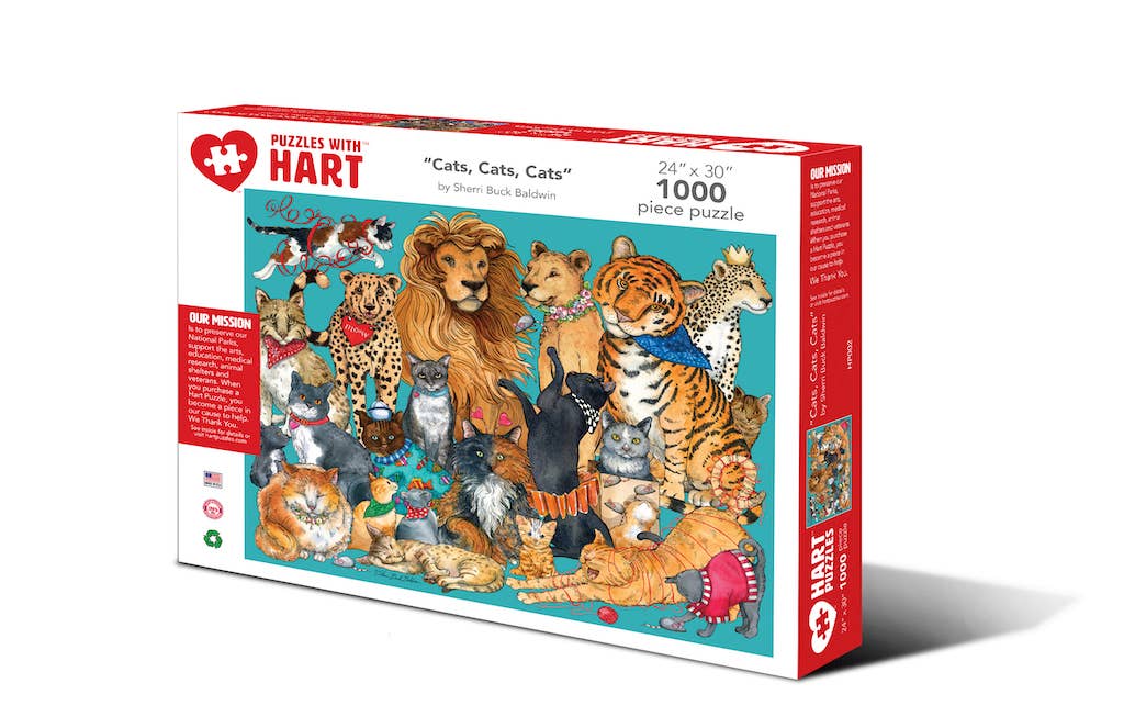 Cats, Cats, Cats 1,000-piece jigsaw puzzle box showing an illustrated gathering of house cats with lions, tigers and leopards