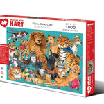 Cats, Cats, Cats 1,000-piece jigsaw puzzle box showing an illustrated gathering of house cats with lions, tigers and leopards