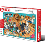 Cats, Cats, Cats 1,000-piece jigsaw puzzle box showing an illustrated gathering of house cats with lions, tigers and leopards