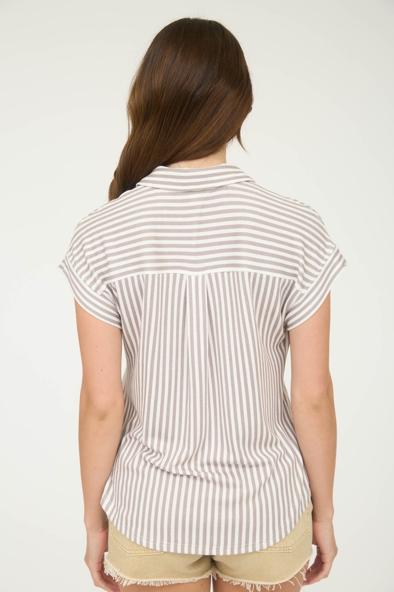 Stripe Collared Short Sleeve Button Down Top in Mocha - back view