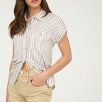 Stripe Collared Short Sleeve Button Down Top in Mocha - side view