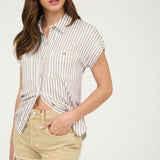 Stripe Collared Short Sleeve Button Down Top in Mocha - side view