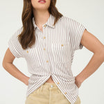 Stripe Collared Short Sleeve Button Down Top in Mocha - knotted front styling