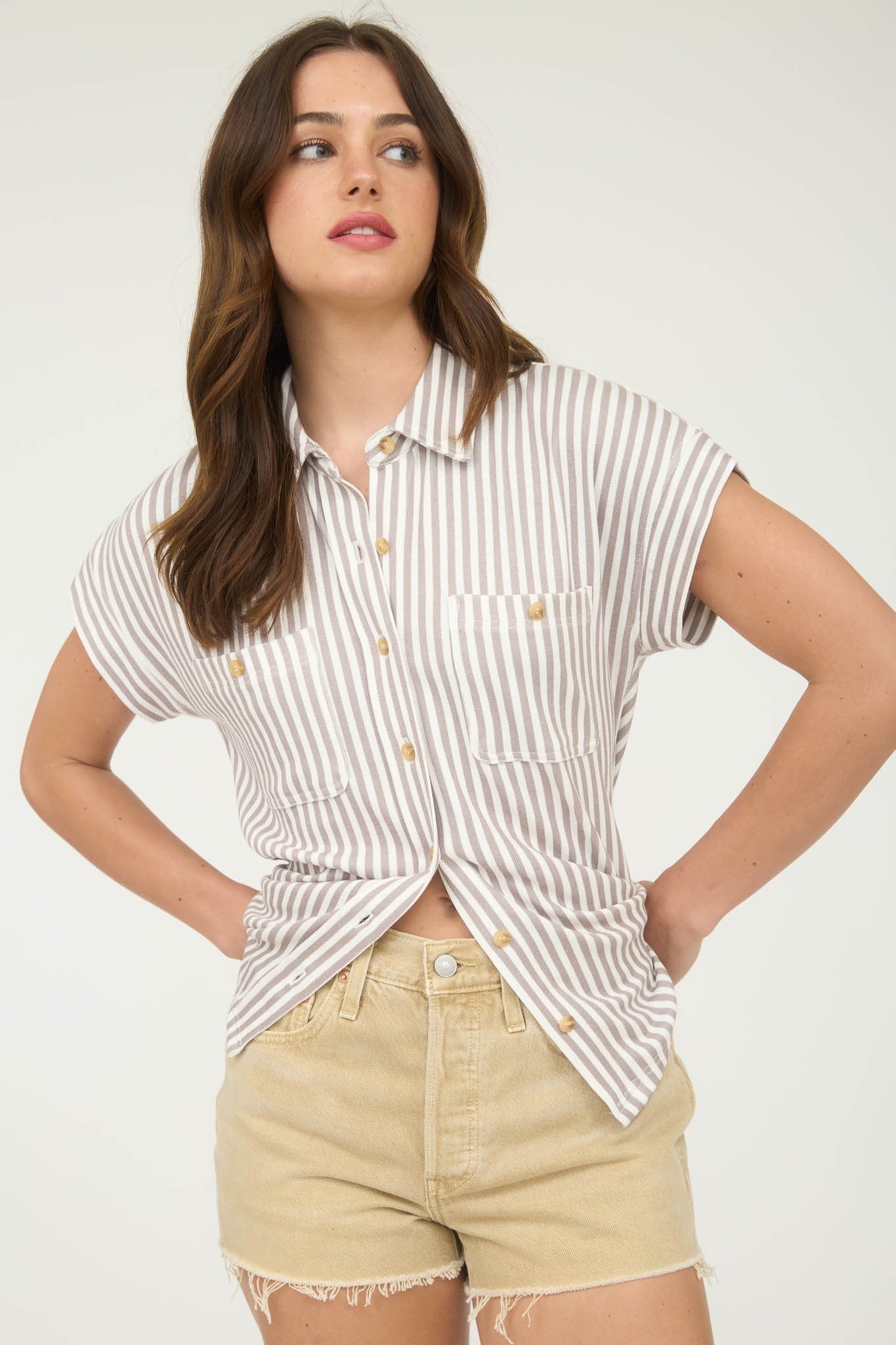Stripe Collared Short Sleeve Button Down Top in Mocha - knotted front styling
