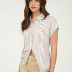 Stripe Collared Short Sleeve Button Down Top in Mocha - front view
