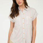 Stripe Collared Short Sleeve Button Down Top in Mocha - front view buttoned