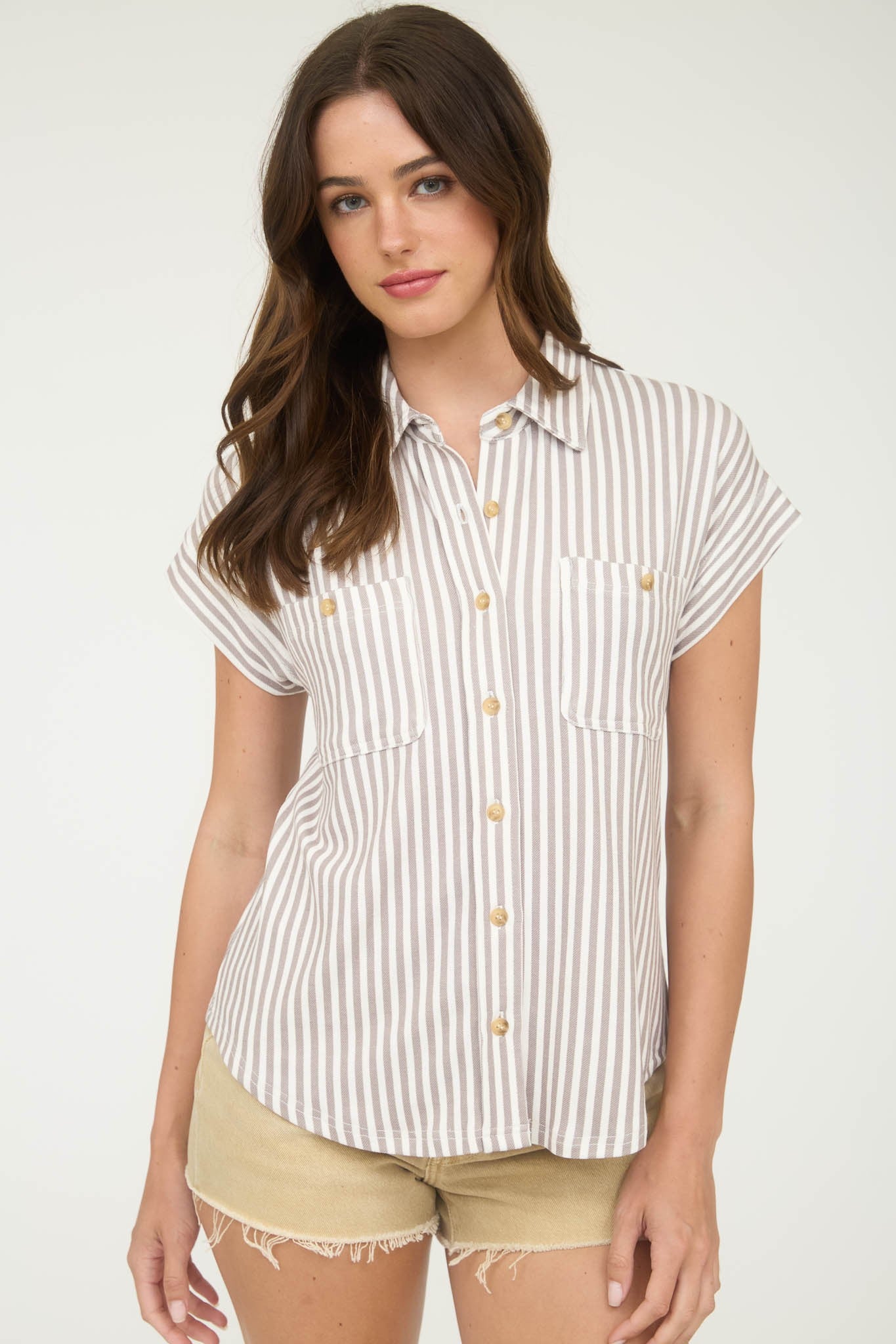 Stripe Collared Short Sleeve Button Down Top in Mocha - front view buttoned