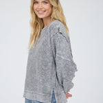 Acid Wash Long Sleeve Side Slit Knit Top - Black
