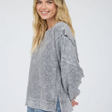 Acid Wash Long Sleeve Side Slit Knit Top - Black
