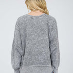 Acid Wash Long Sleeve Side Slit Knit Top - Black