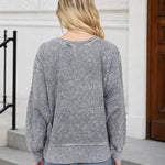 Acid Wash Long Sleeve Side Slit Knit Top - Black