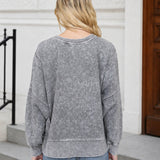 Acid Wash Long Sleeve Side Slit Knit Top - Black