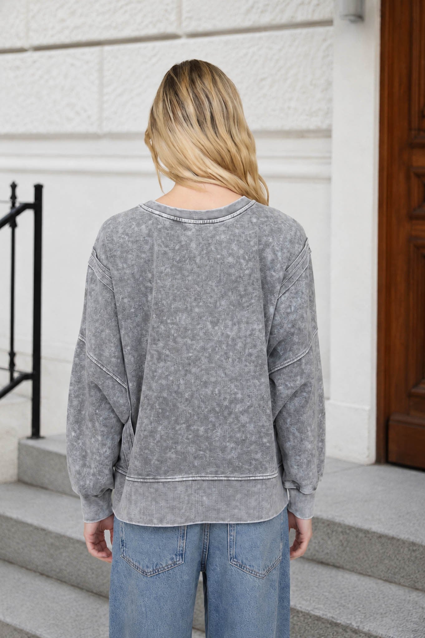 Acid Wash Long Sleeve Side Slit Knit Top - Black