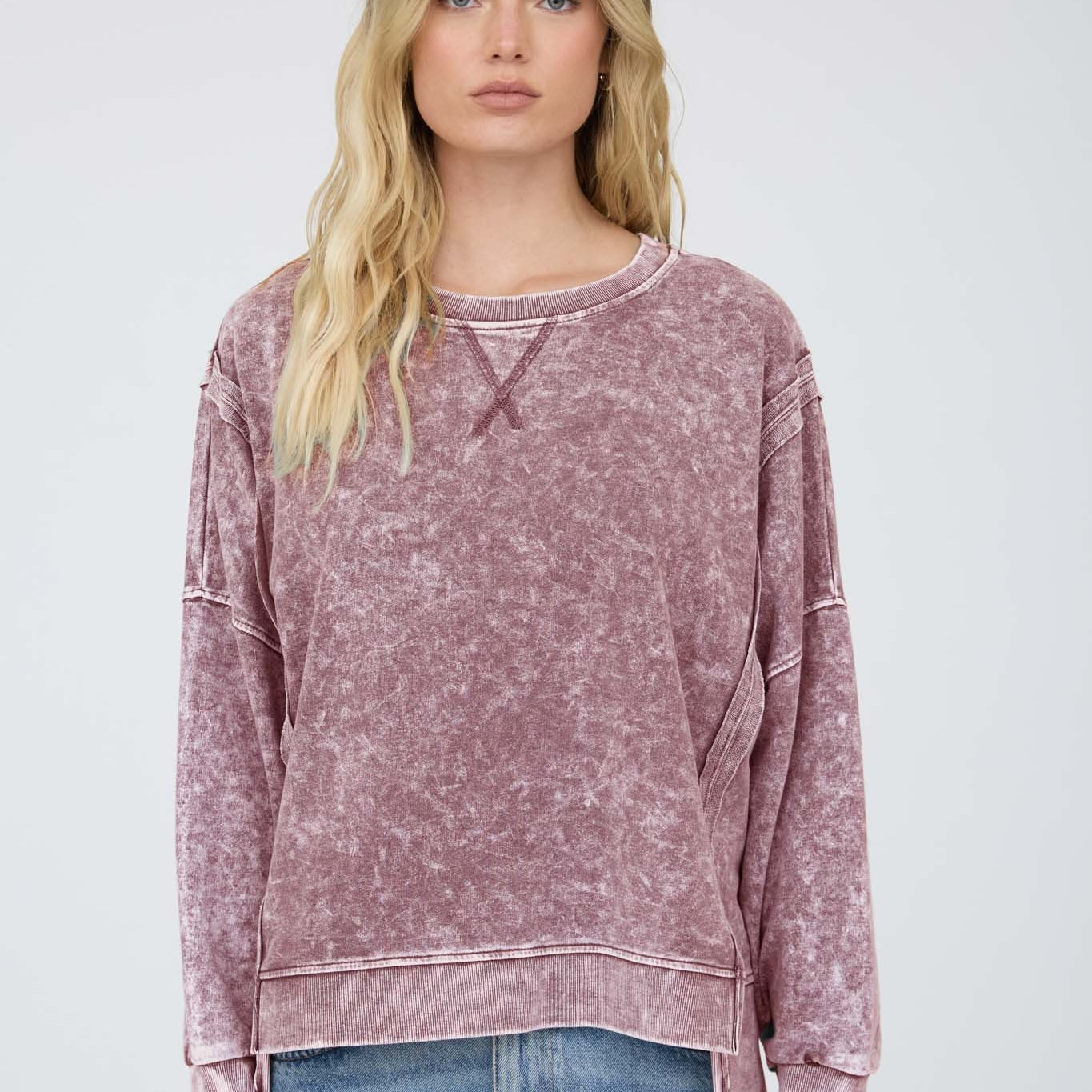 Acid Wash Long Sleeve Side Slit Knit Top - Maroon