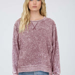 Acid Wash Long Sleeve Side Slit Knit Top - Maroon