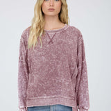Acid Wash Long Sleeve Side Slit Knit Top - Maroon