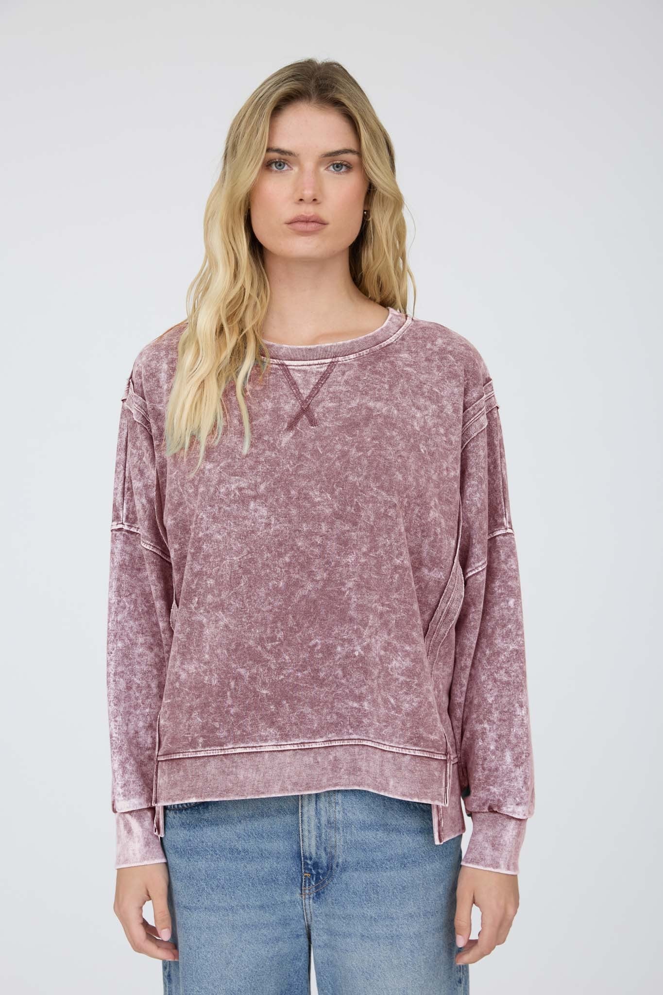 Acid Wash Long Sleeve Side Slit Knit Top - Maroon