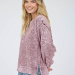 Acid Wash Long Sleeve Side Slit Knit Top - Maroon