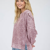 Acid Wash Long Sleeve Side Slit Knit Top - Maroon